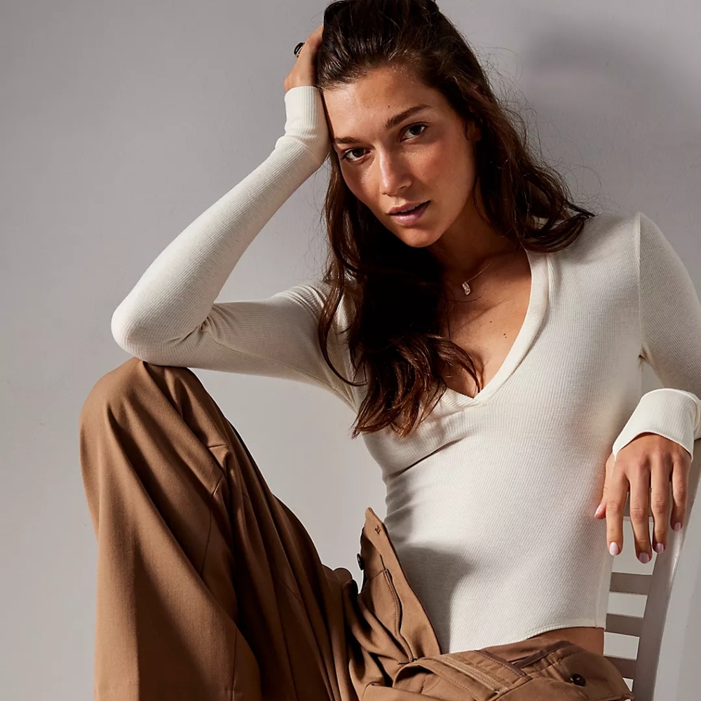 Free People Do It Right Thong Bodysuit - Blanchette Ivory - Small